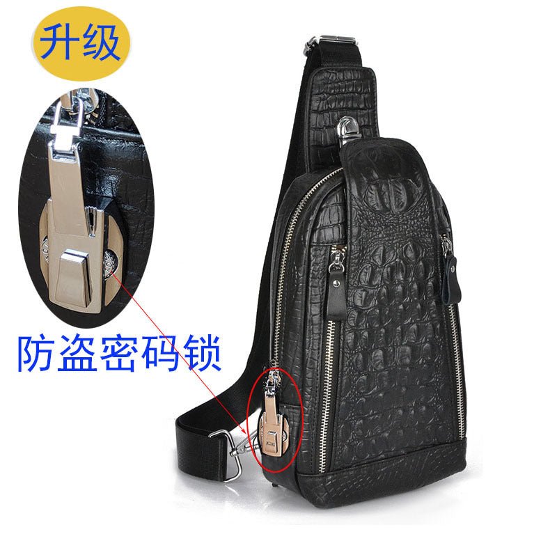 Men's Genuine Leather Chest Bag Multi-Functional Password Lock Cycling Crossbody Bag Backpack Crocodile Pattern Top Layer Cowhide Men's Bag Durable