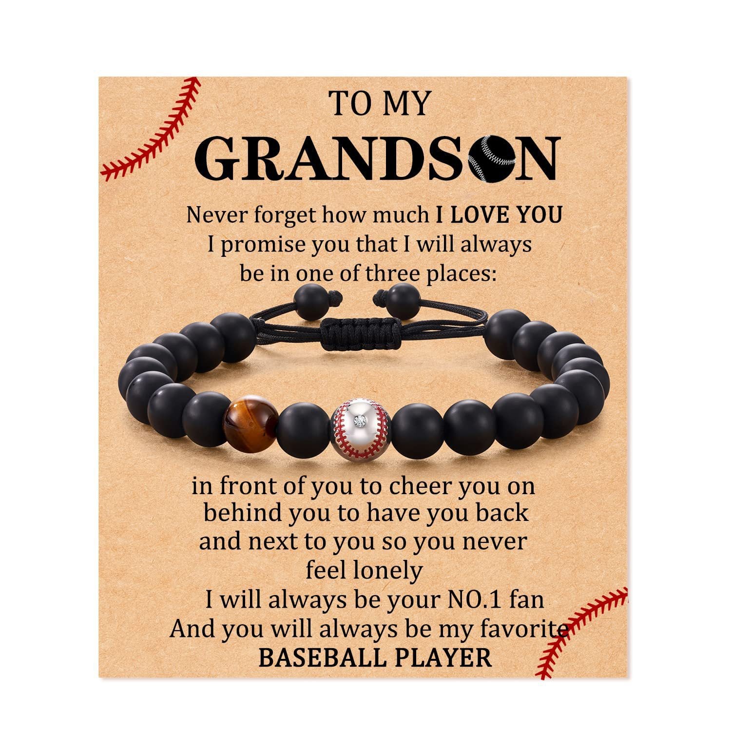 Football Beaded Bracelet to my son Gift Black Matte Coach Bracelet Tiger Eye Stone Baseball Woven Bracelet