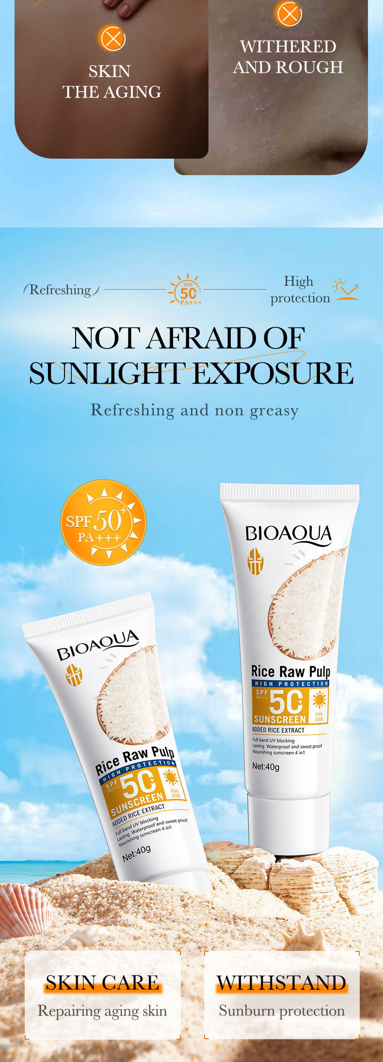 Full English Rice Puree Sunscreen40g BIOAOUA Sunscreen Isolation Cream Sunscreen  Foreign Trade Wholesale