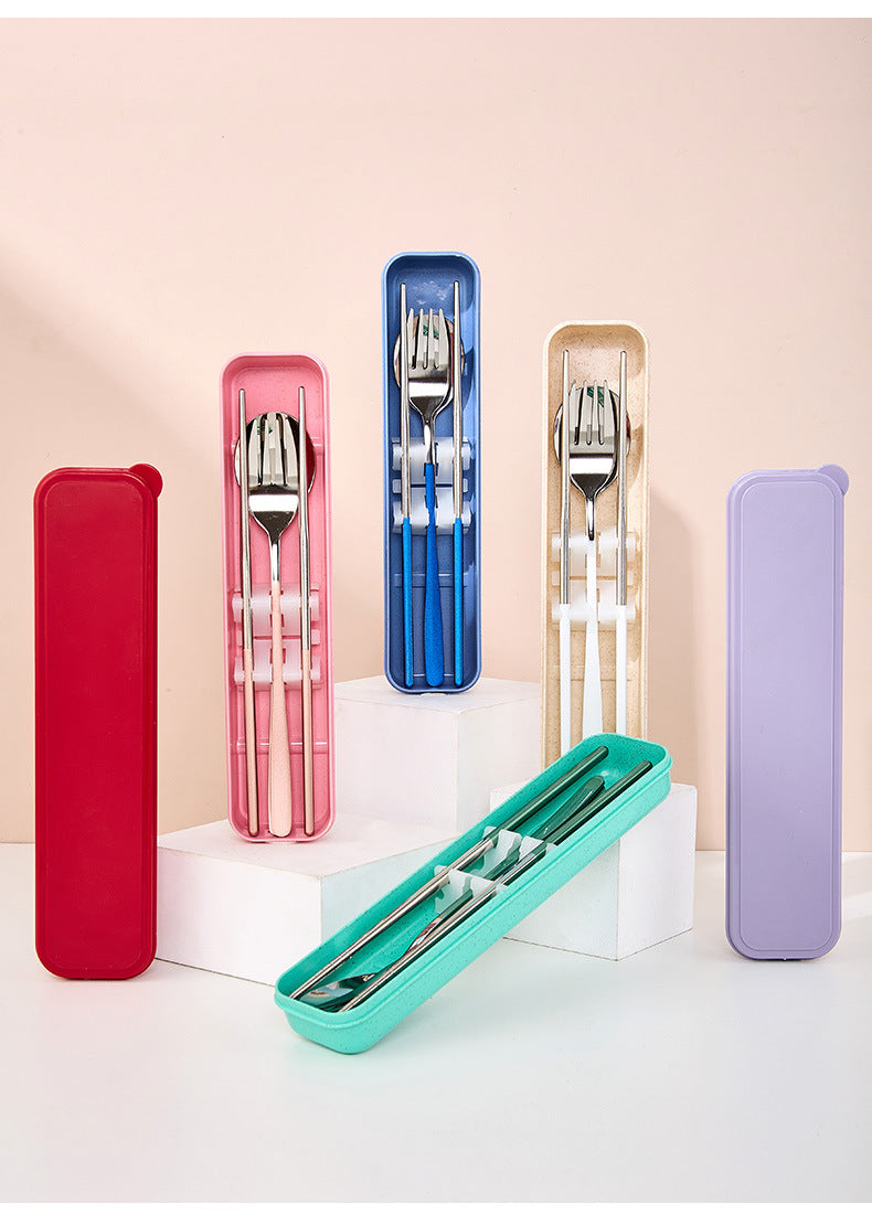 Stainless Steel Korean Portable Tableware Set Spoon Fork Chopsticks Three-Piece Set Student Travel Internet Celebrity Tableware