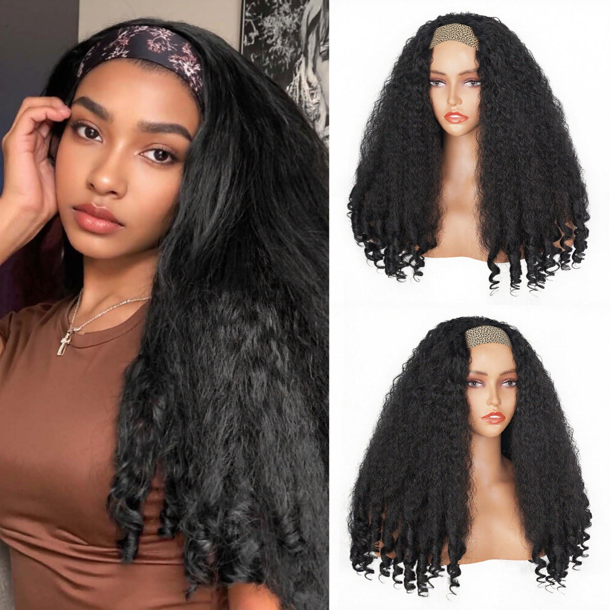 Africa YAKI Curly End Curly Hair Synthetic Wig V The top of the model is hollowed out