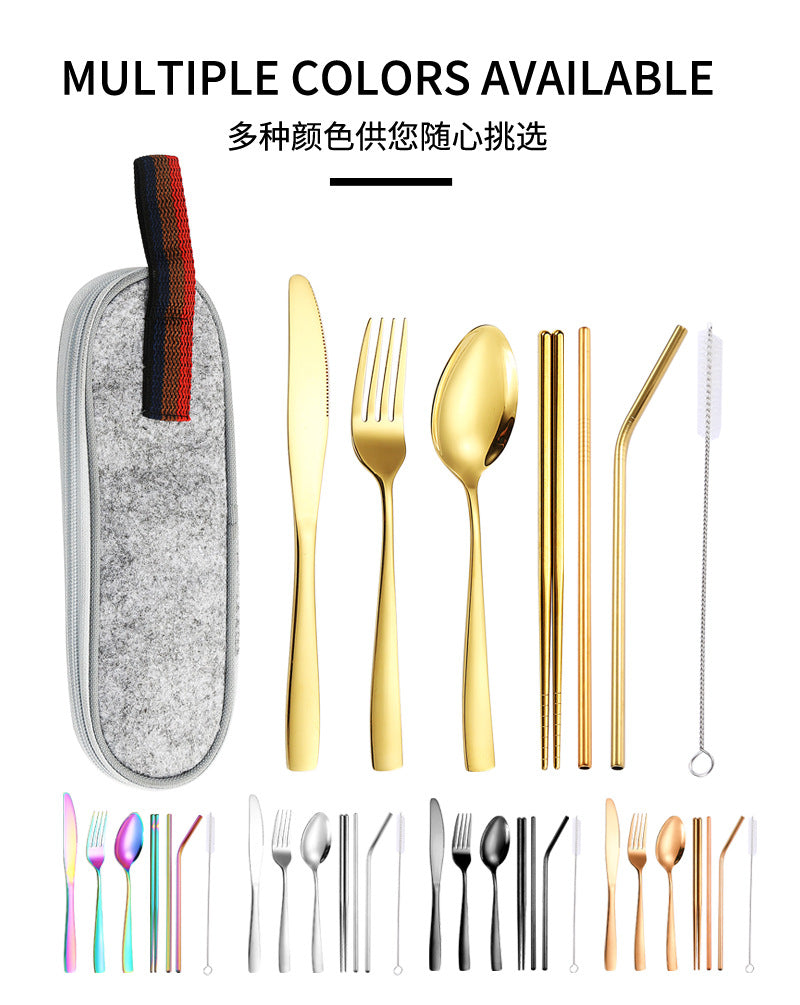 410Stainless Steel Portable Outdoor Camping Tableware Set304Stainless Steel Straw Knife Fork Spoon Chopsticks Seven-Piece Set