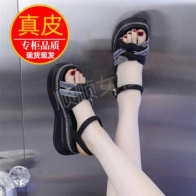 Export Internet Celebrity Women's Sandals2025New Summer Rhinestone Wedge Platform Thick Sole Roman Sandals Trendy
