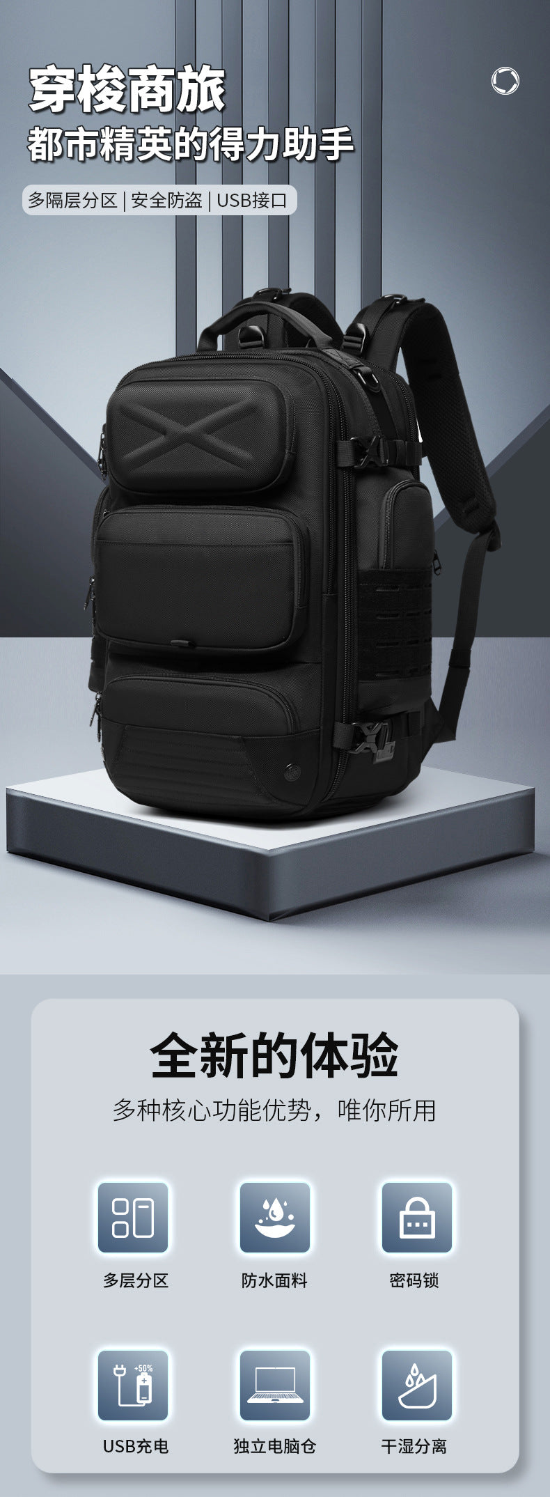 New Men's Backpack Large Capacity Short Distance Travel Backpack Outdoor Commuting Multifunctional Waterproof Tactical Computer Bag