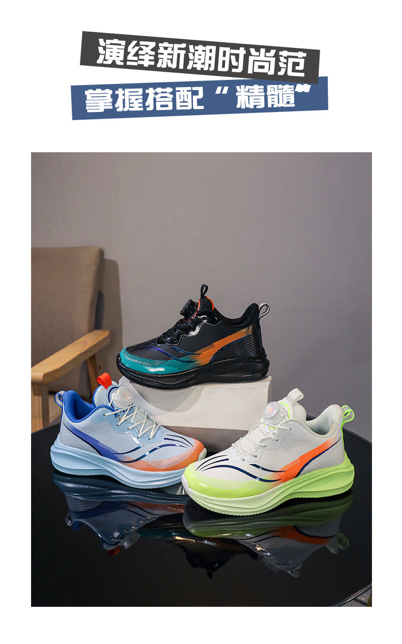 Red Rabbit Rotating Button Children's Shoes Leather Surface Waterproof Middle and Large Children Student Running Shoes Shock Absorption Lightweight Sports Shoes Comfortable