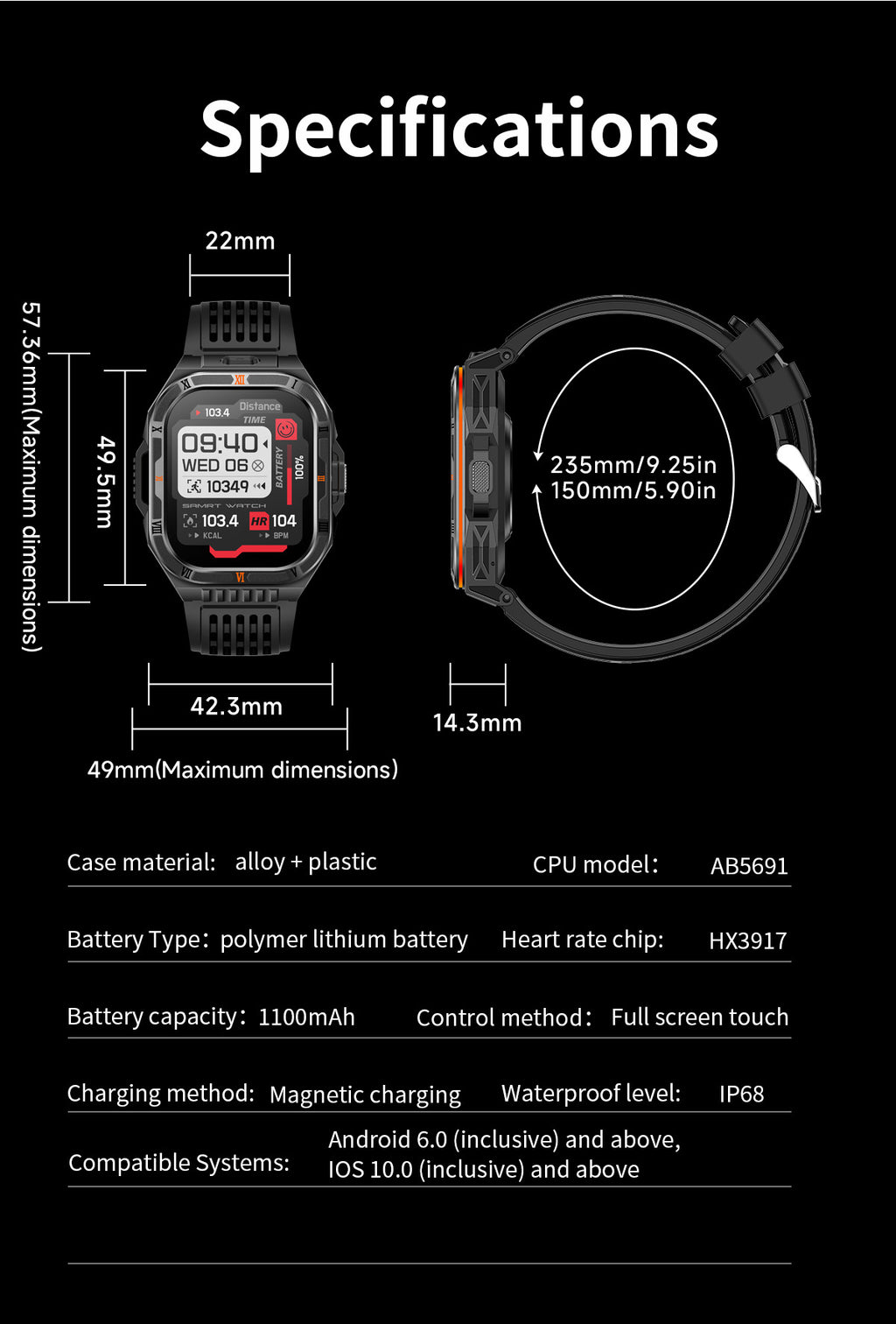 HT38Smart Watch Bluetooth Call Heart Rate Pedometer Sleep Flashlight Deep Waterproof Large Battery Three-Proof Sports