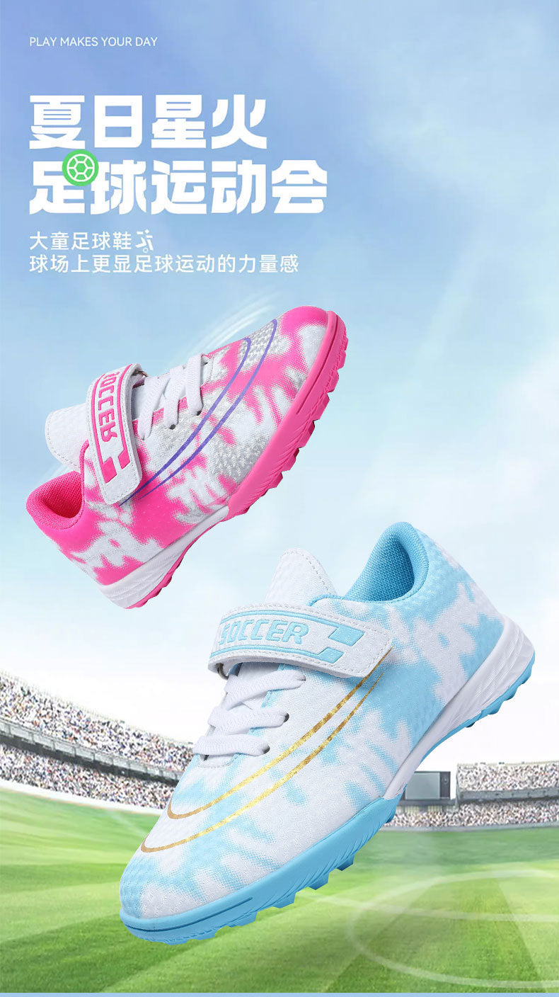 New Football Shoes for Men and Women, Children's Low-top Anti-collision Spike Magic Tape No-tie Grass Training Sports Shoes