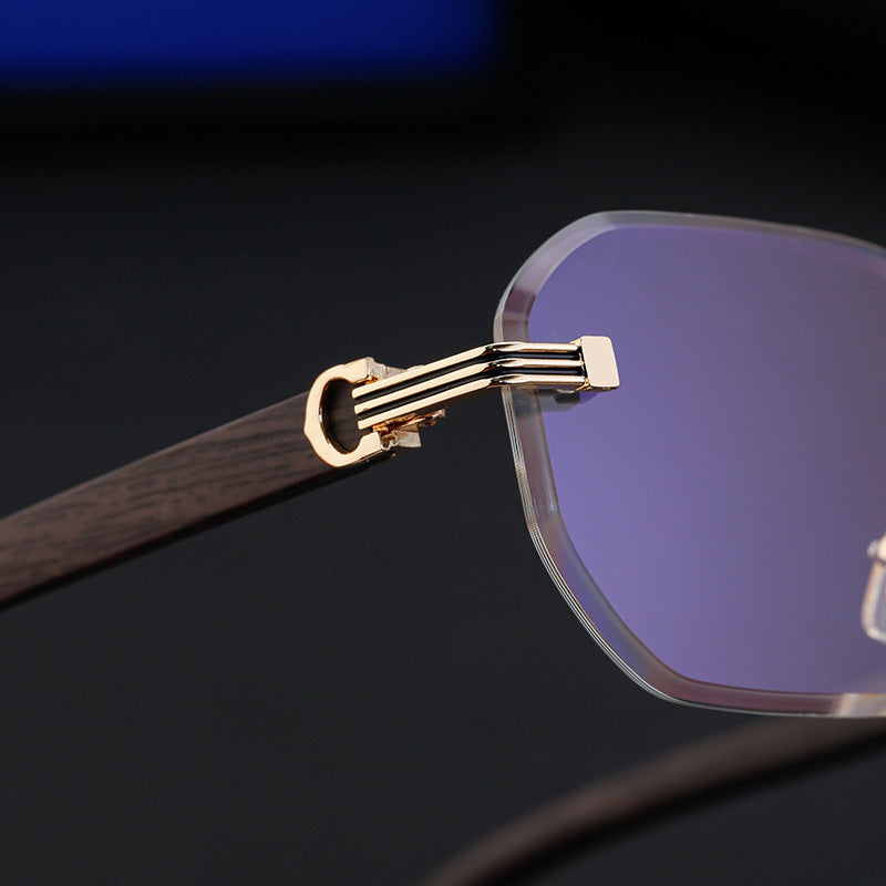 Frameless Glasses for Men High-End European and American Retro Imitation Wood Grain Temple Sunglasses UV Protection Personality Sunglasses
