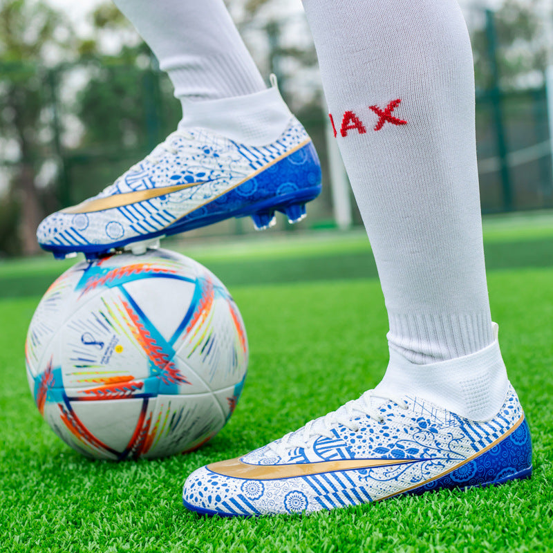 World Cup Same Style Blue and White Porcelain High-top Soccer Shoes for Men and Women, Children and Youth Competition Training Shoes