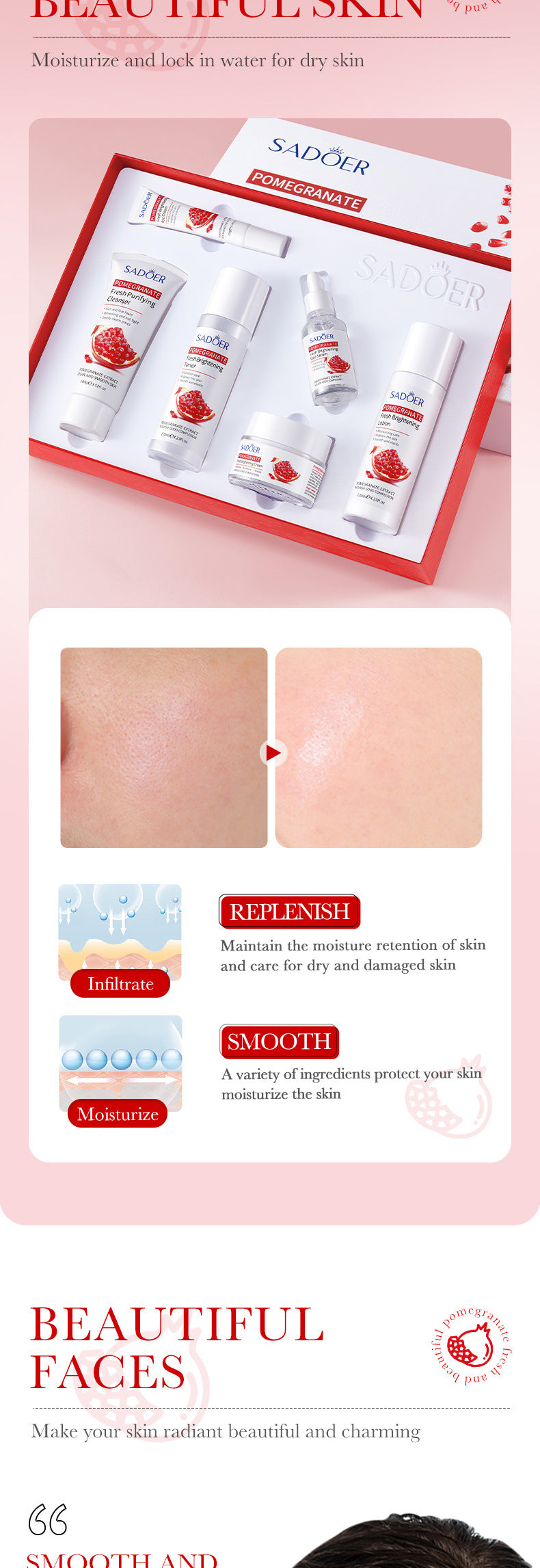 Red Pomegranate Skincare Set SADOER Hydrating Moisturizing Cleansing Six-Piece Set Cross-Border Wholesale