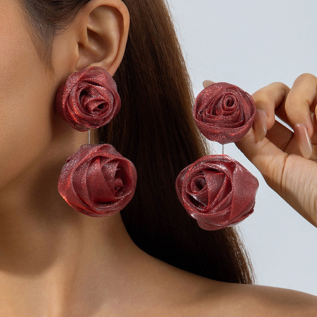 European and American Light Luxury High-End Fabric Rose Flower Earrings Fashion Versatile Three-Dimensional Flower Earrings Wholesale