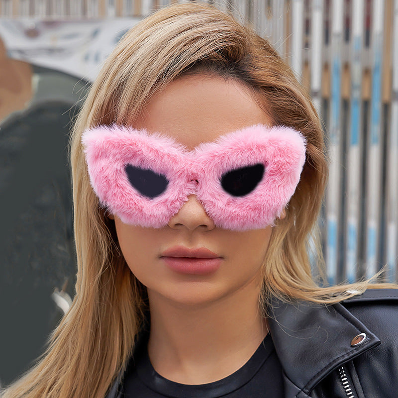 Puppy Style Plush Winter Sunglasses for Women Fashion Cat Eye Sunglasses European and American Style Sunglasses