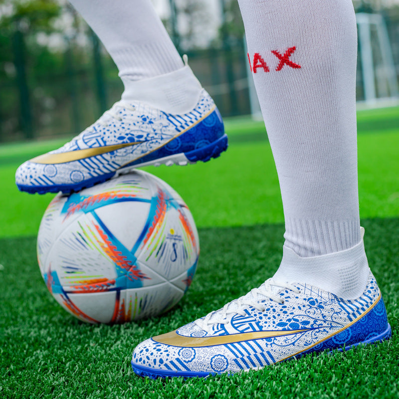 World Cup Same Style Blue and White Porcelain High-top Soccer Shoes for Men and Women, Children and Youth Competition Training Shoes