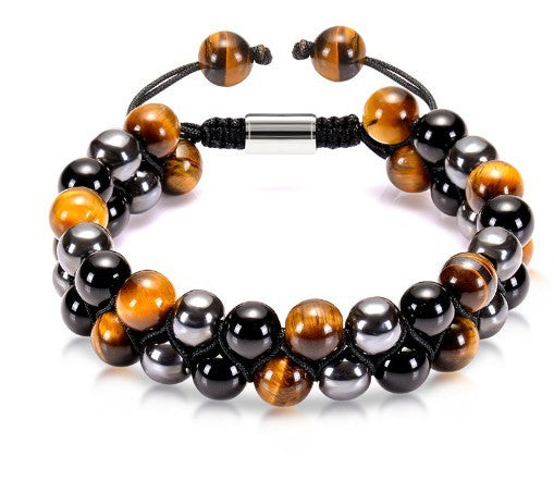 Men's Volcanic Tiger Eye Stone Double Layer Braided Bracelet Lapis Lazuli Agate Beaded Volcanic Black Gallstone Double Row Braided Bracelet