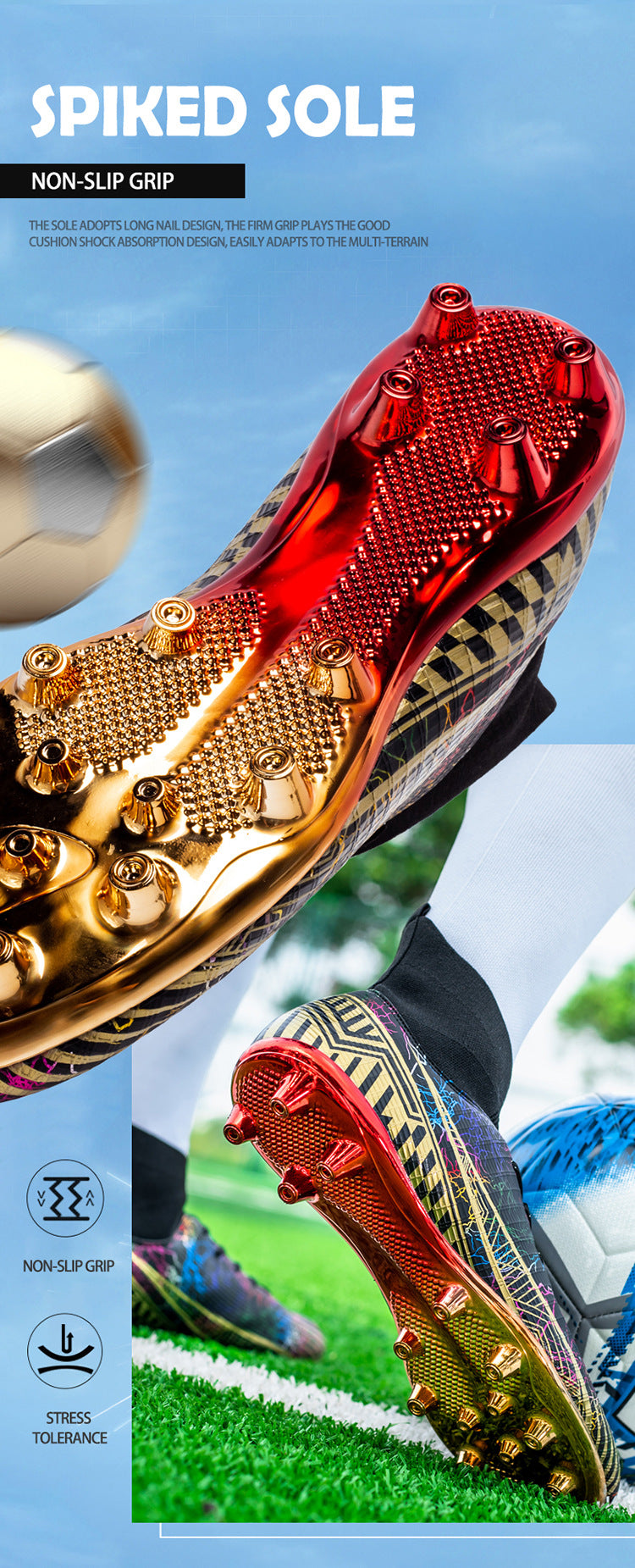 Large Size Men's Soccer Shoes AG Long Spike Gold-Plated Hot Stamping Football Shoes for Youth Professional Competition Training Shoes Wholesale
