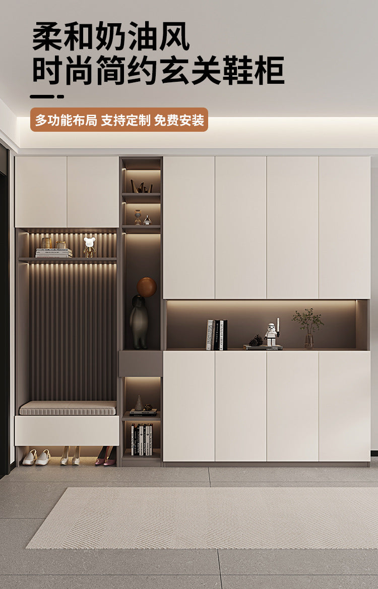 Solid Wood Entryway Shoe Cabinet Home Integrated Cabinet Top-to-Top Cream Style Simple Integrated Partition Large Capacity Doorway Shoe Cabinet