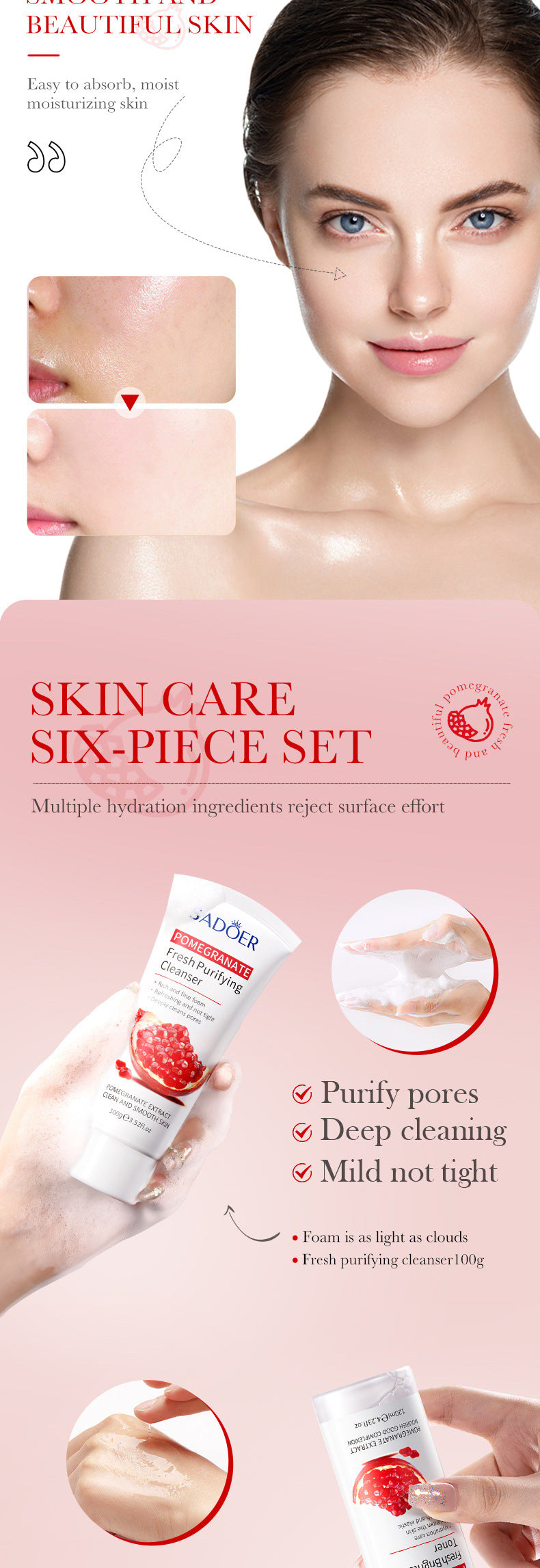 Red Pomegranate Skincare Set SADOER Hydrating Moisturizing Cleansing Six-Piece Set Cross-Border Wholesale