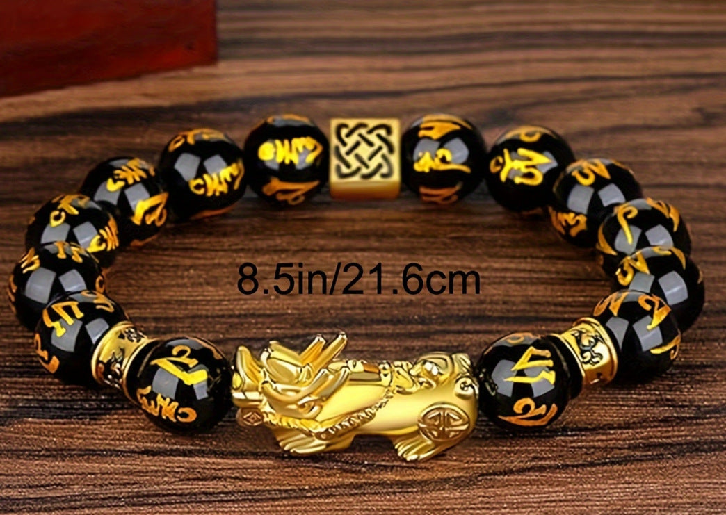 Imitation Obsidian silver Pixiu Bracelet for Women, Wealth-Attracting and Blessing Multi-Gem Bracelet with Six-Word Mantra Buddhist Beads Pixiu Bracelet