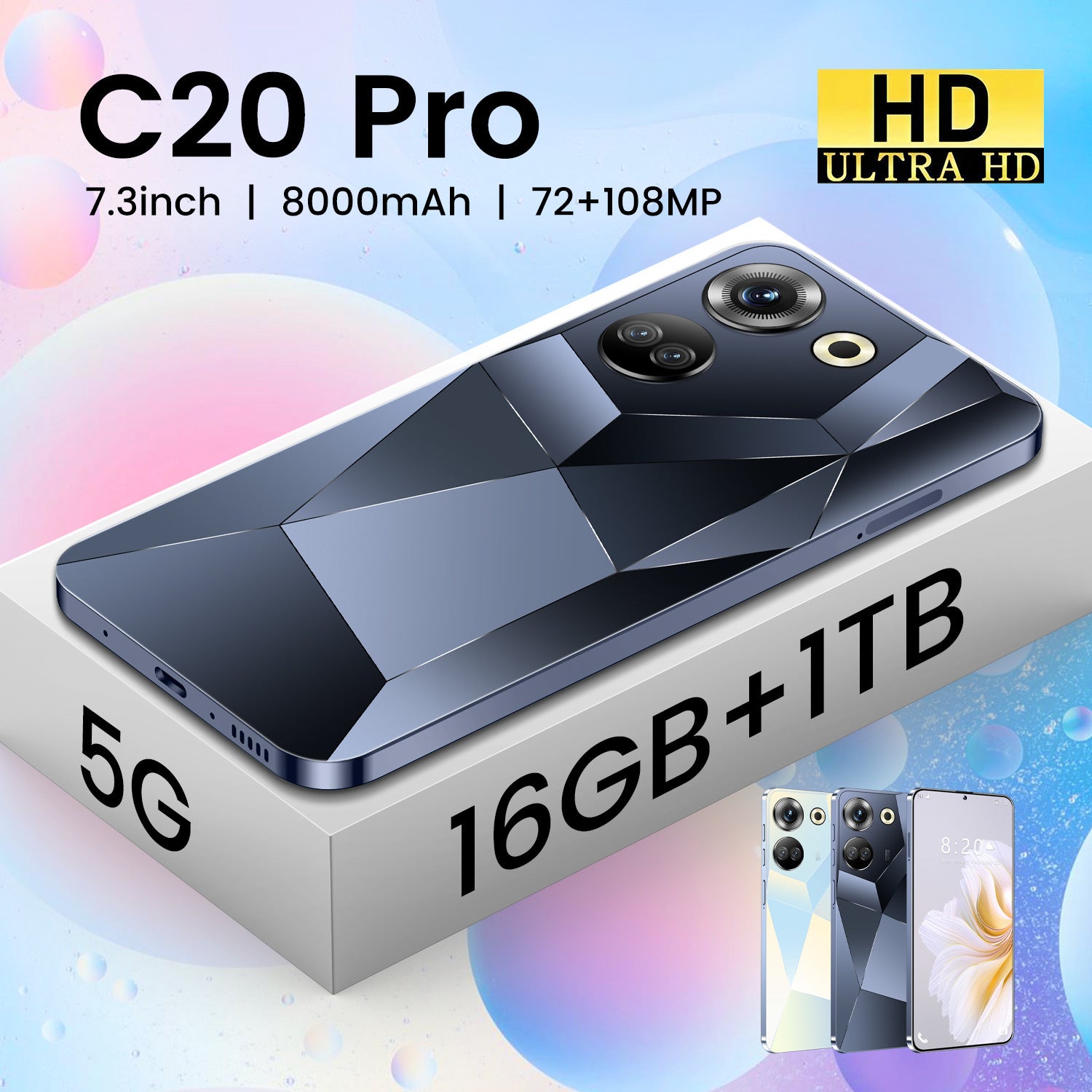 Spot Goods C20Pro Mobile Phone16+1T Large Memory Smart All-in-One Device7.3Wholesale of High-Definition Screens