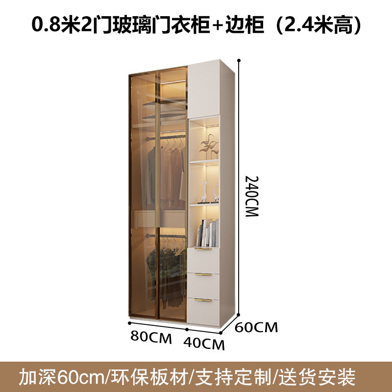 Glass Door Wardrobe with Lights, Solid Wood, Home Bedroom, Modern Simple European Pine Board, Cream Color, Skin Feel Storage, Large Wardrobe