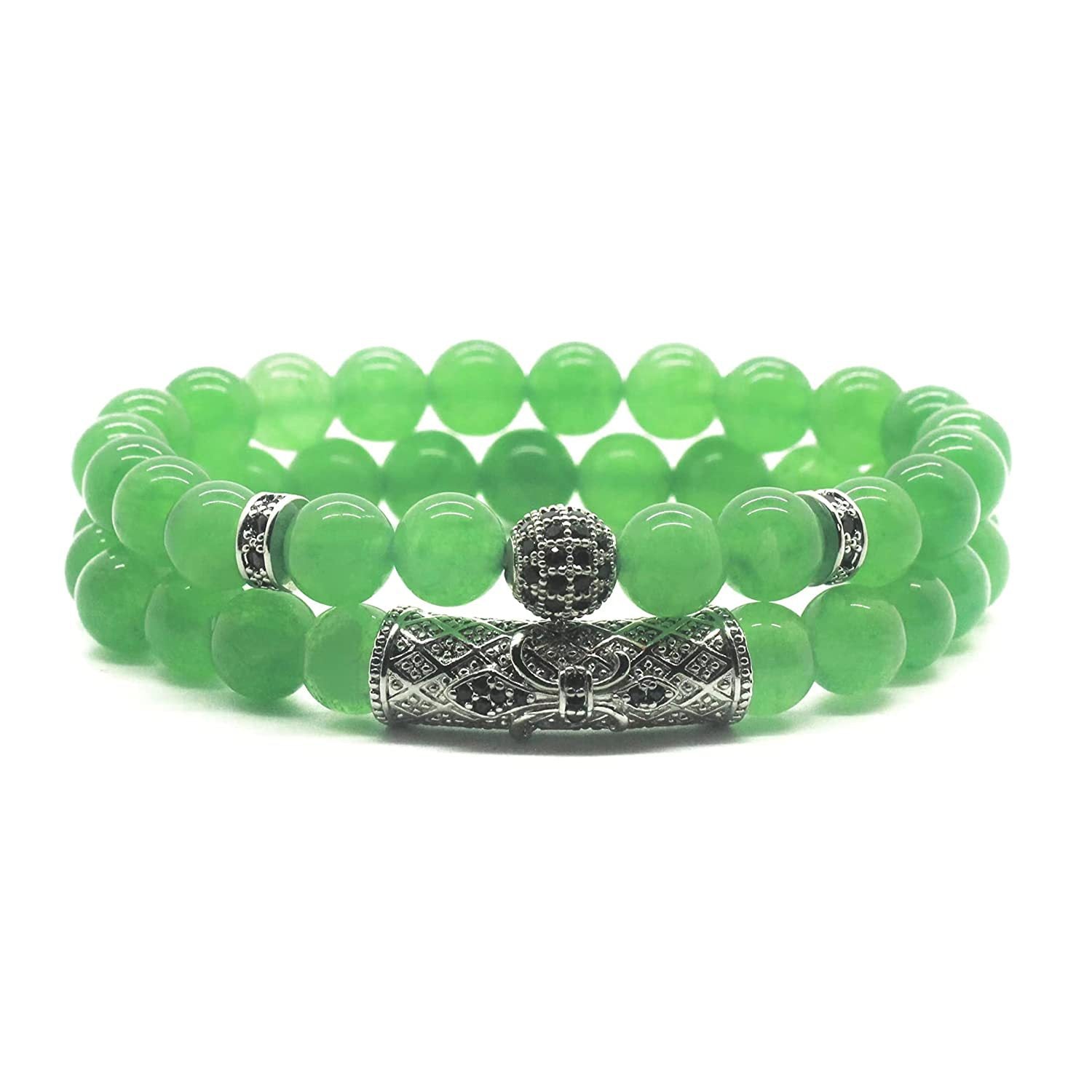 Men's Black Matte Bracelet Set with Micro Pave Zirconia Spacers8mm Beaded Bent Tube Turquoise Lapis Lazuli Double Row Bracelet