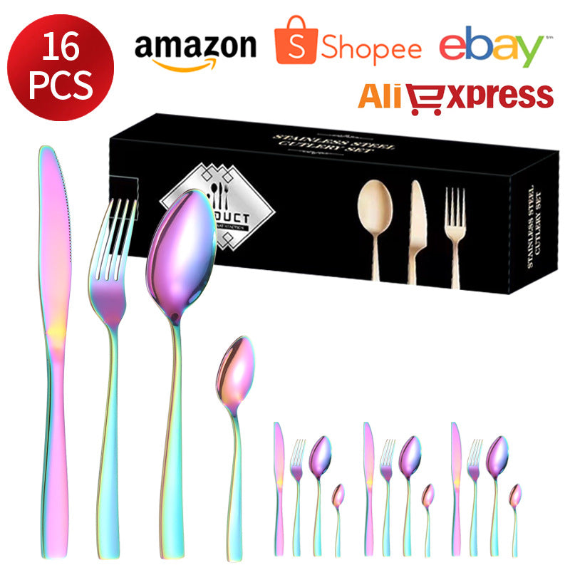 410Stainless Steel Tableware24Set of Hotel Western Dining Square Handle Steak Knife, Fork, Spoon, Tea Spoon