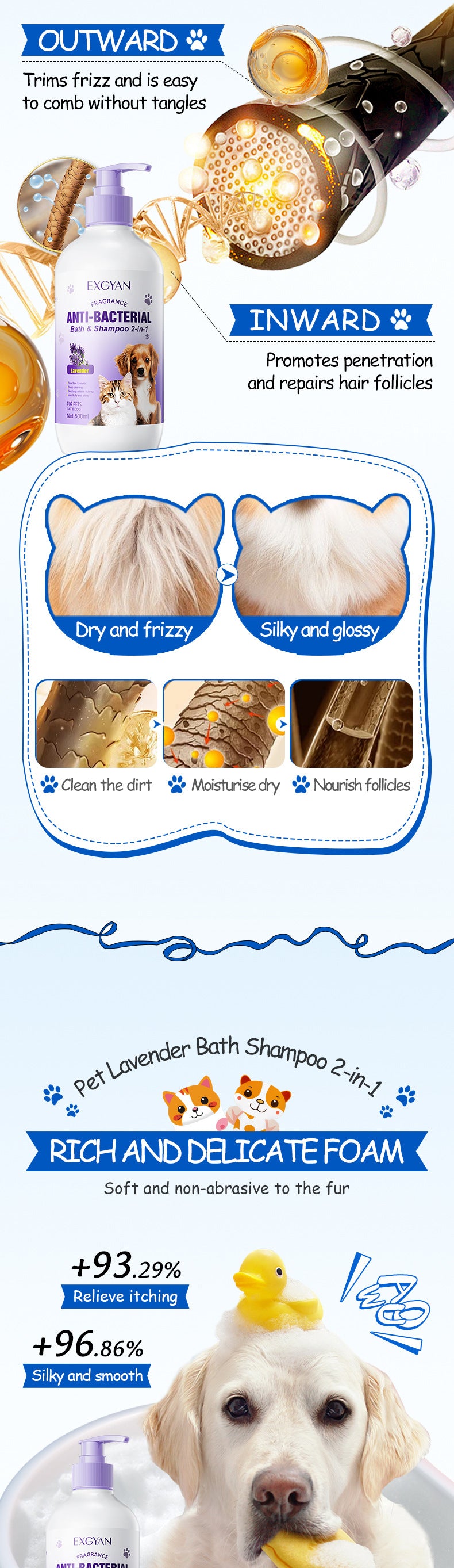 Pet Lavender Bath and Shampoo 2-in-1 EXGYAN Cat and Dog Bath Gel Cross-Border Wholesale