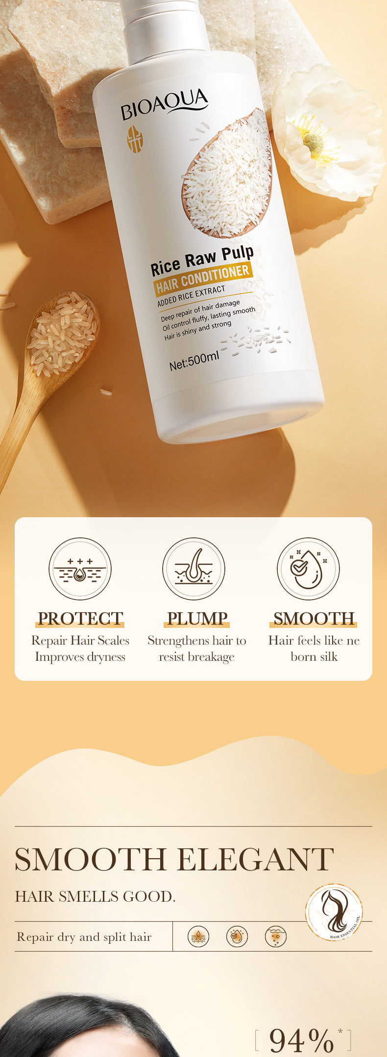 Rice Puree Hair Conditioner500mlBIOAOUA Repair Smooth Improve Frizz Cross-Border Wholesale