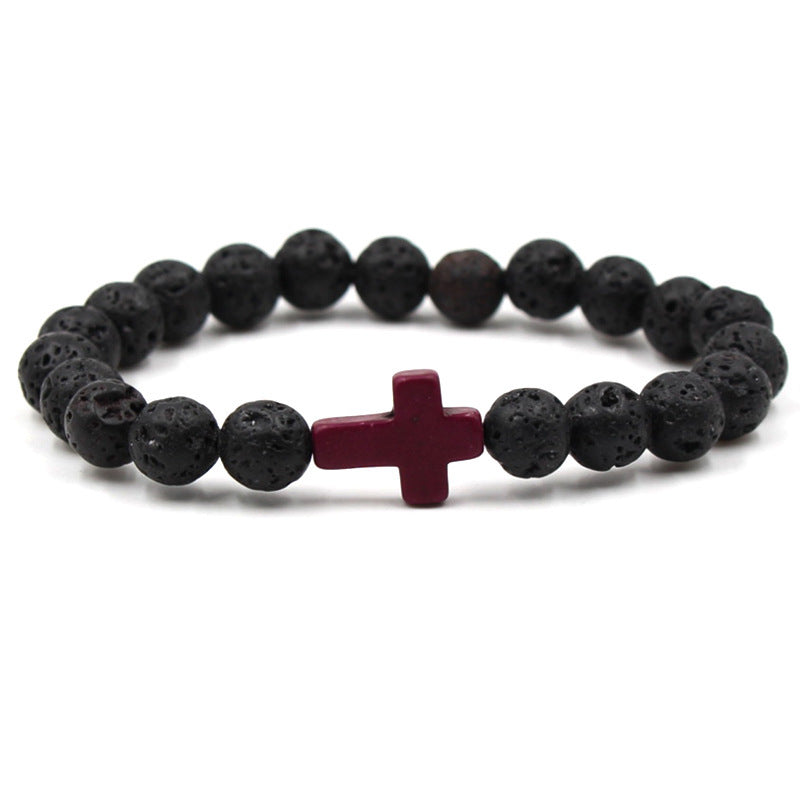 Easter Cross Bracelet Men's Personalized Gift Turquoise Bracelet8mm Beaded Volcanic Stone Cross Bracelet