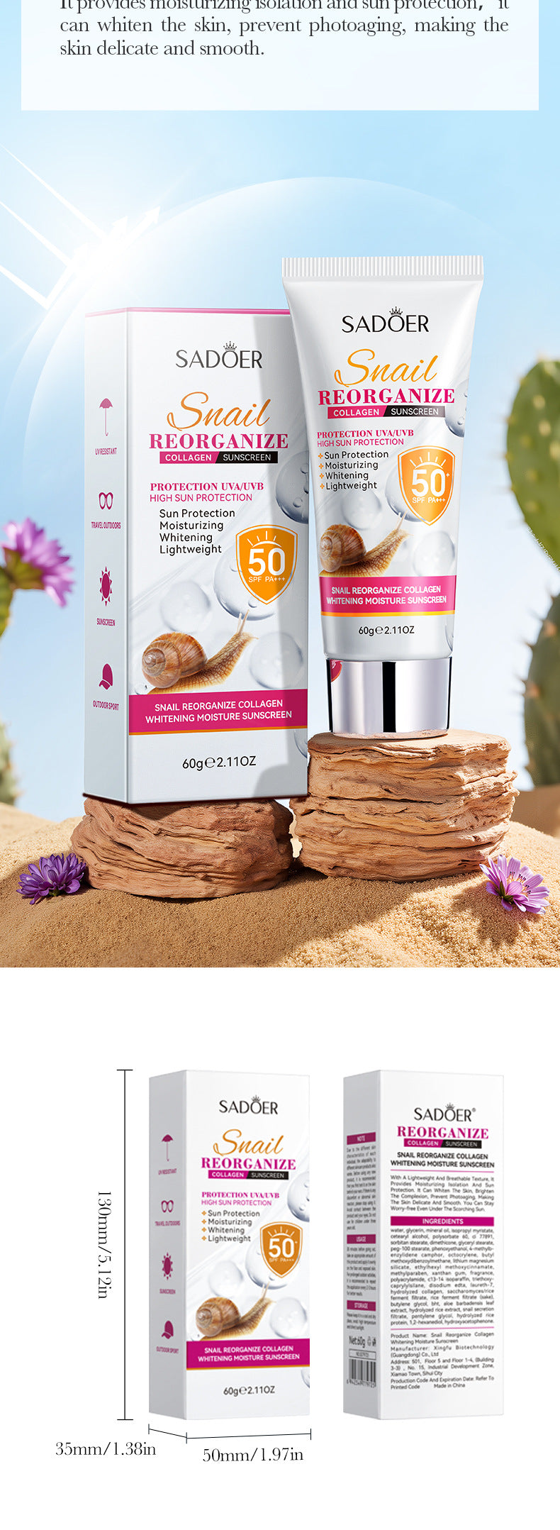 Cross-border Snail Whitening Sunscreen60g Restructured Collagen Hydrating Moisturizing Sunscreen Cream Export Manufacturer Wholesale