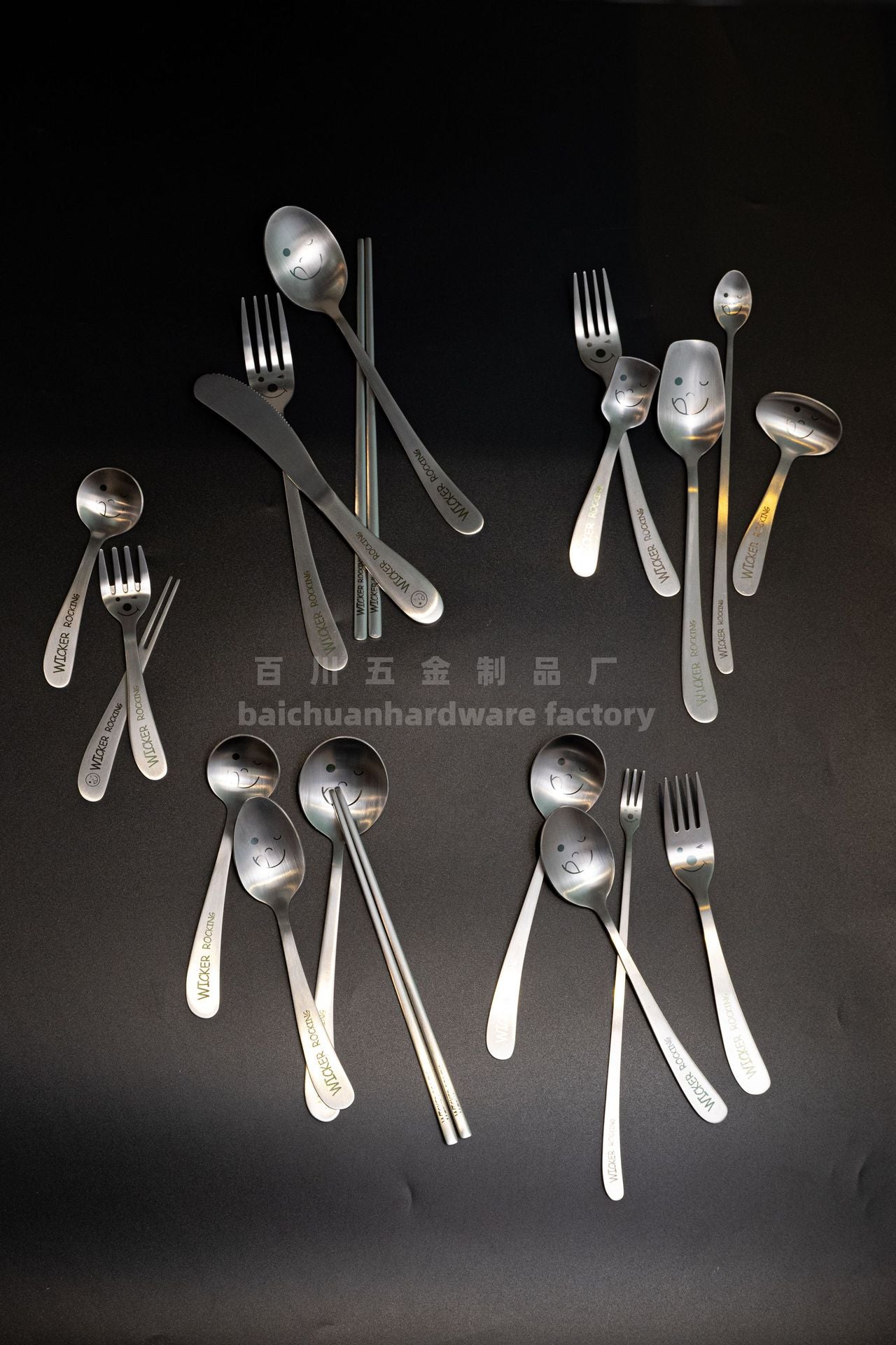 304Stainless Steel Creative Smiley Face Slanted Handle Laser Spoon Chopsticks Fork Student Tableware Full Set Gift Children's Tableware