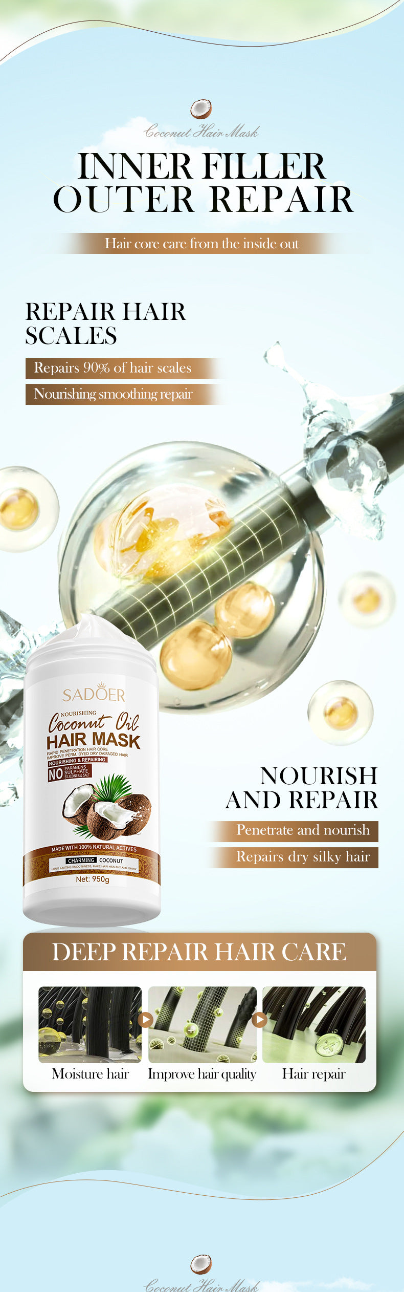 Full English Coconut Nourishing Hair Mask950g SADOER Smooth and Fluffy Hair Conditioner  Wholesale