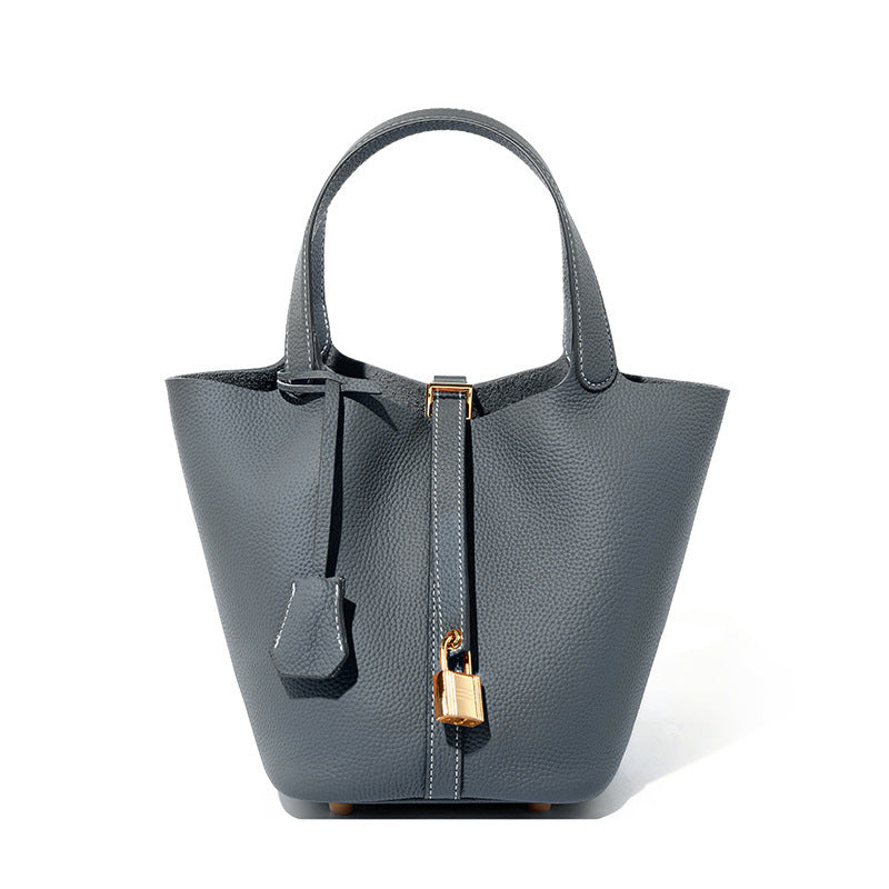 Top Layer Cowhide Vegetable Basket Bag for Women, Light Luxury Versatile Handbag, Niche Design, High-Quality Texture, Large Capacity Bucket Bag
