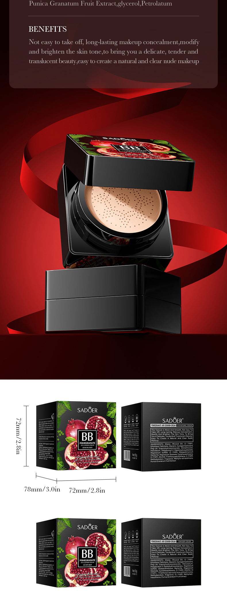 Makeup SADOER Red Pomegranate Concealer Moisturizing Mushroom Cushion Beauty Cream BB Wholesale Cross-Border Foreign Trade Frost