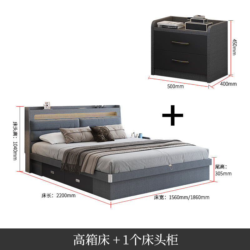 Factory Custom Tech Fabric Bed1.8Gray High Box Storage Bed for Bedroom Double Bed, No Paint Needed, Storage Artifact