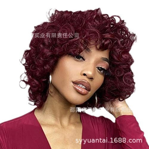 Wine Red Short Bouncy Curly Bob Wig with Bang Human Hair wig