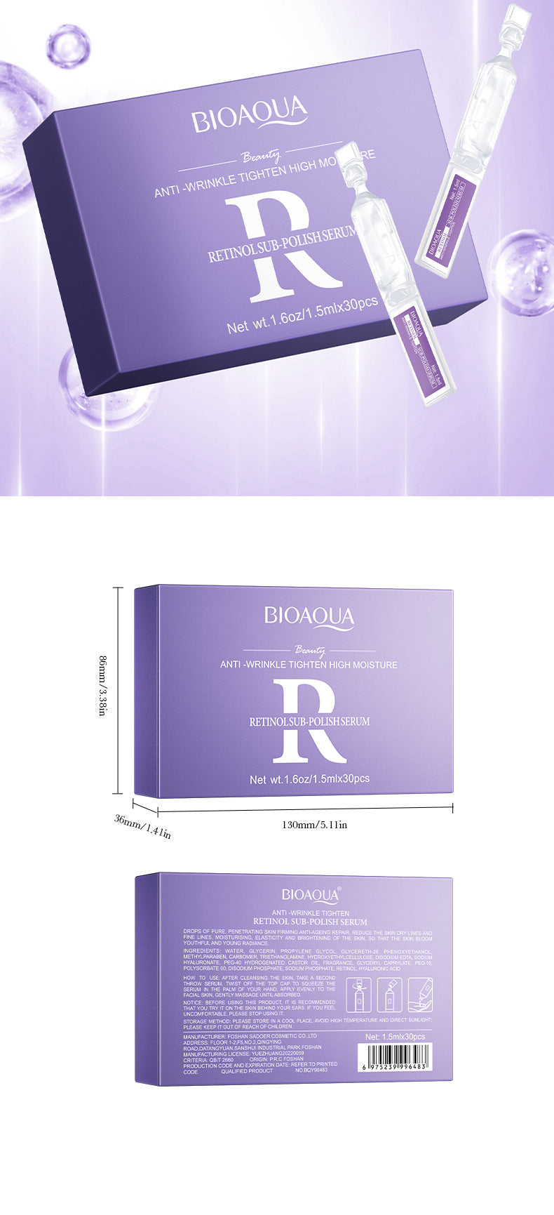 Full English Retinol Anti-Wrinkle Serum BIOAOUA Firming and Moisturizing Single-use Essence Liquid  Wholesale