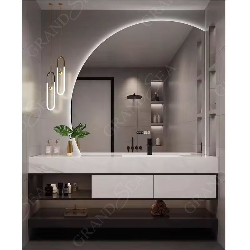 Luxury Solid Wood Bathroom Drawer Storage Vanity Cabinet With Half Moon Mirror Wash Basin for Hotel Bathroom