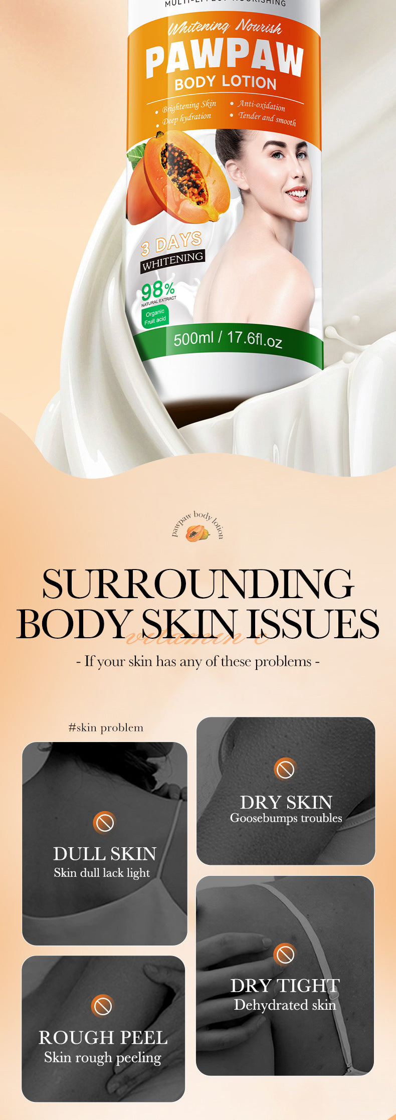 Papaya Vitamin C Whitening Body Lotion BIOAOUA Brightening Body Lotion Cross-Border Wholesale