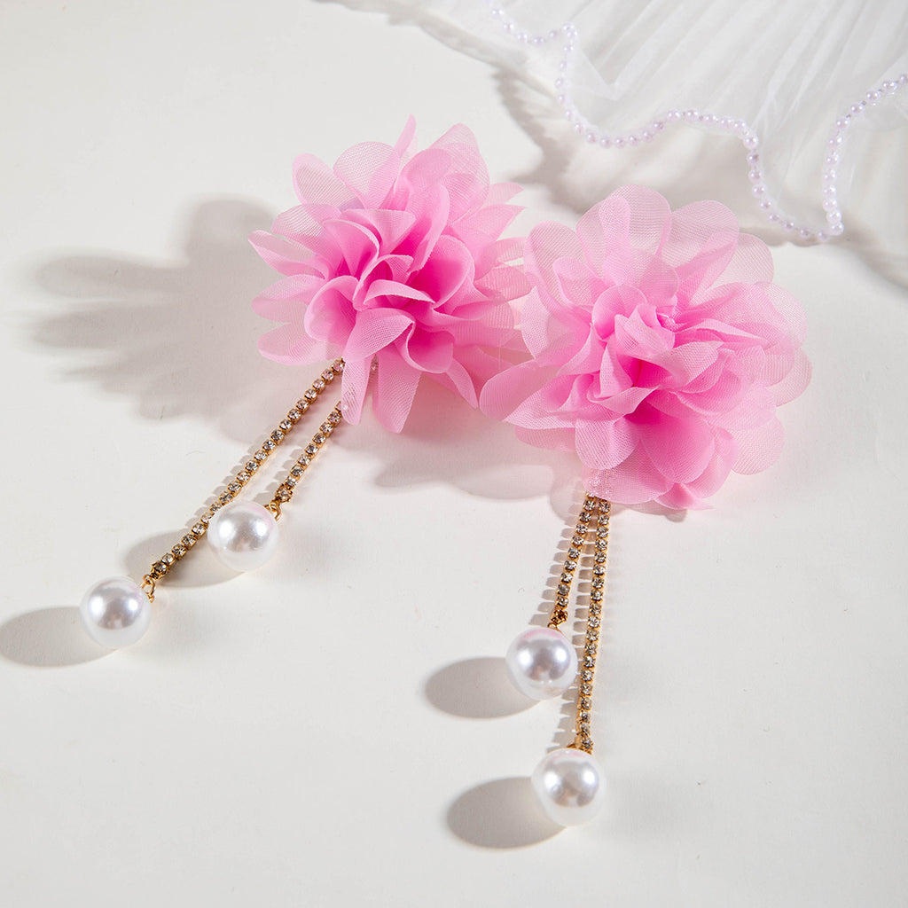 European and American Style Exaggerated Imitation Pearl Tassel Flower Earrings Fresh and Elegant Temperament Earrings for Women