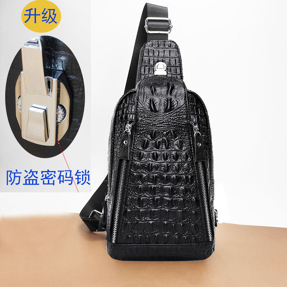 Men's Genuine Leather Chest Bag Multi-Functional Password Lock Cycling Crossbody Bag Backpack Crocodile Pattern Top Layer Cowhide Men's Bag Durable