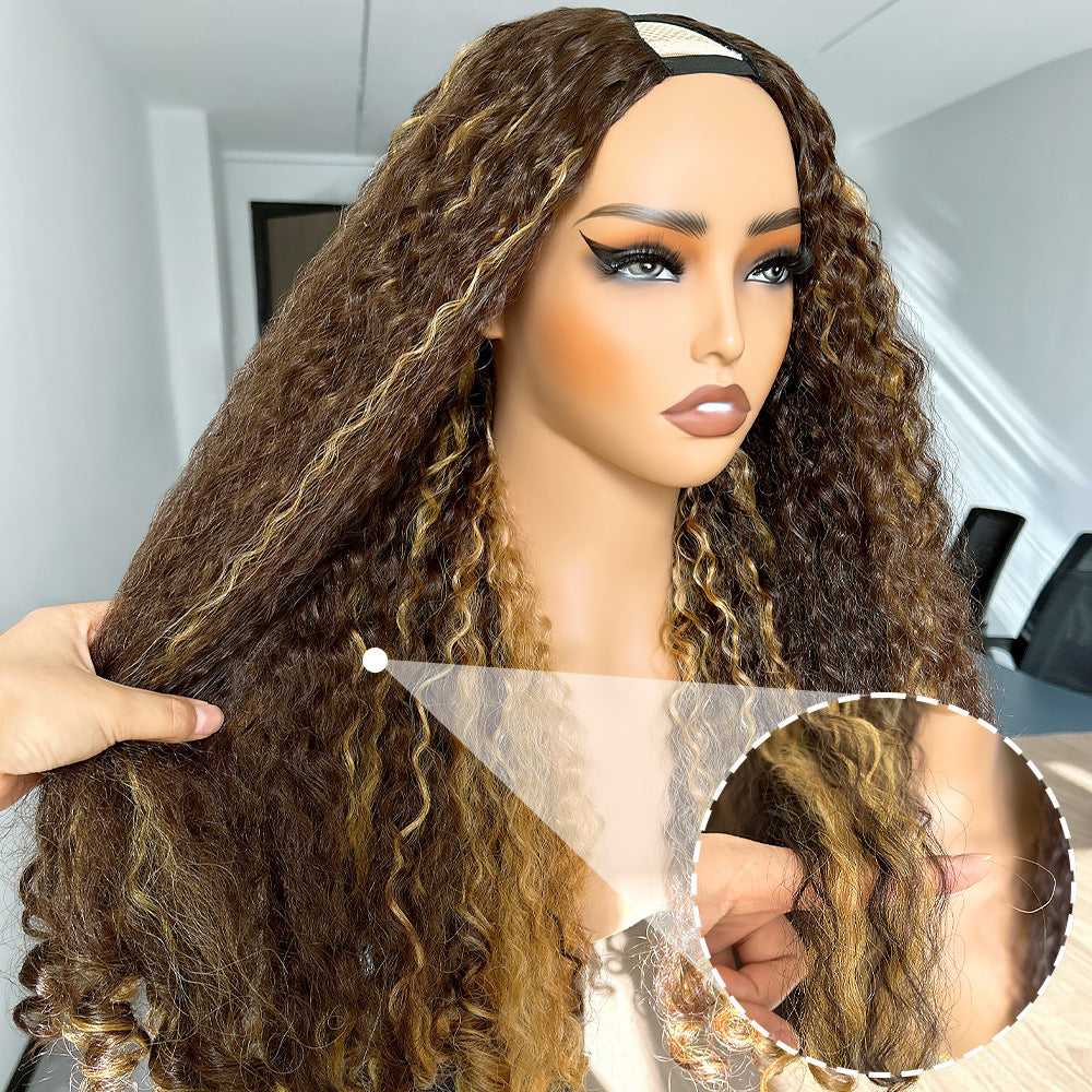 Africa YAKI Curl Synthetic Hair V part Wig Top of Head Hollow Out