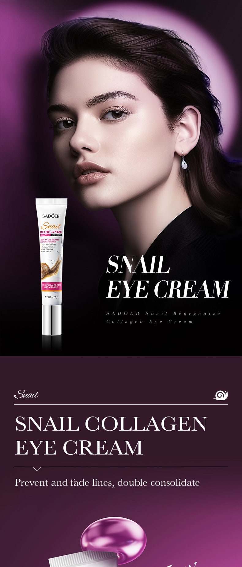 Snail Eye Cream20g SADOER Collagen improves dark circles and wrinkles cross-border wholesale