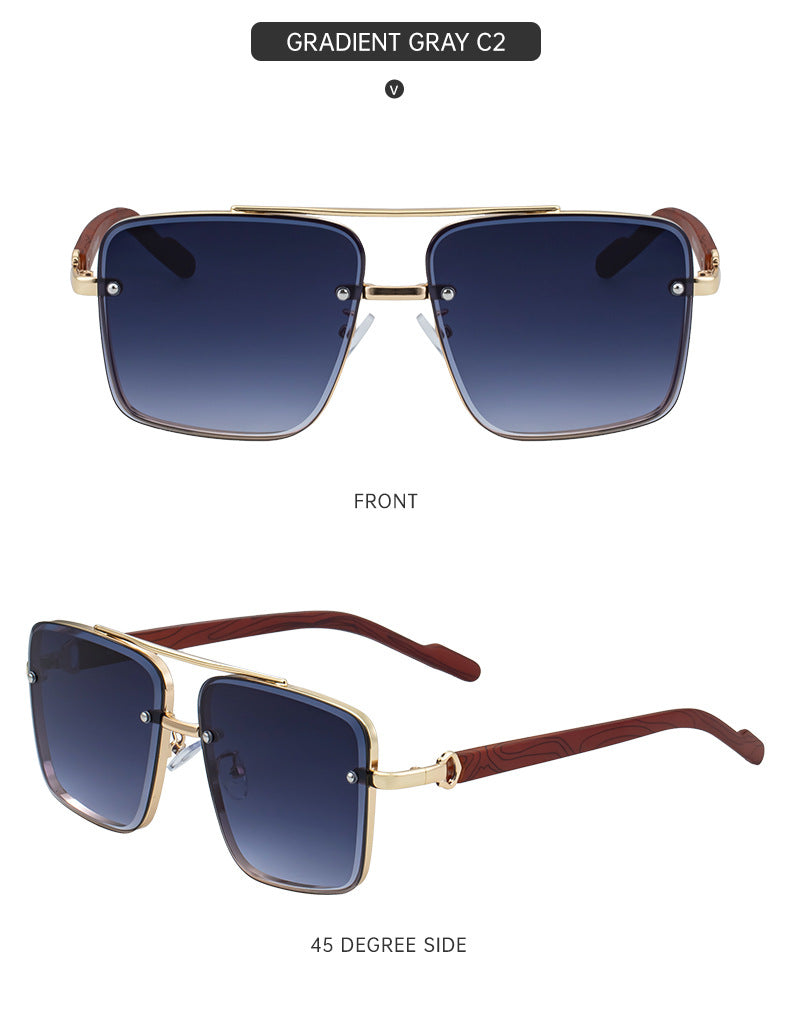 European and American Style Square Frame Cut Edge Sunglasses for Men with Imitation Wood Grain Temples, Men's Trendy Wholesale sunglass