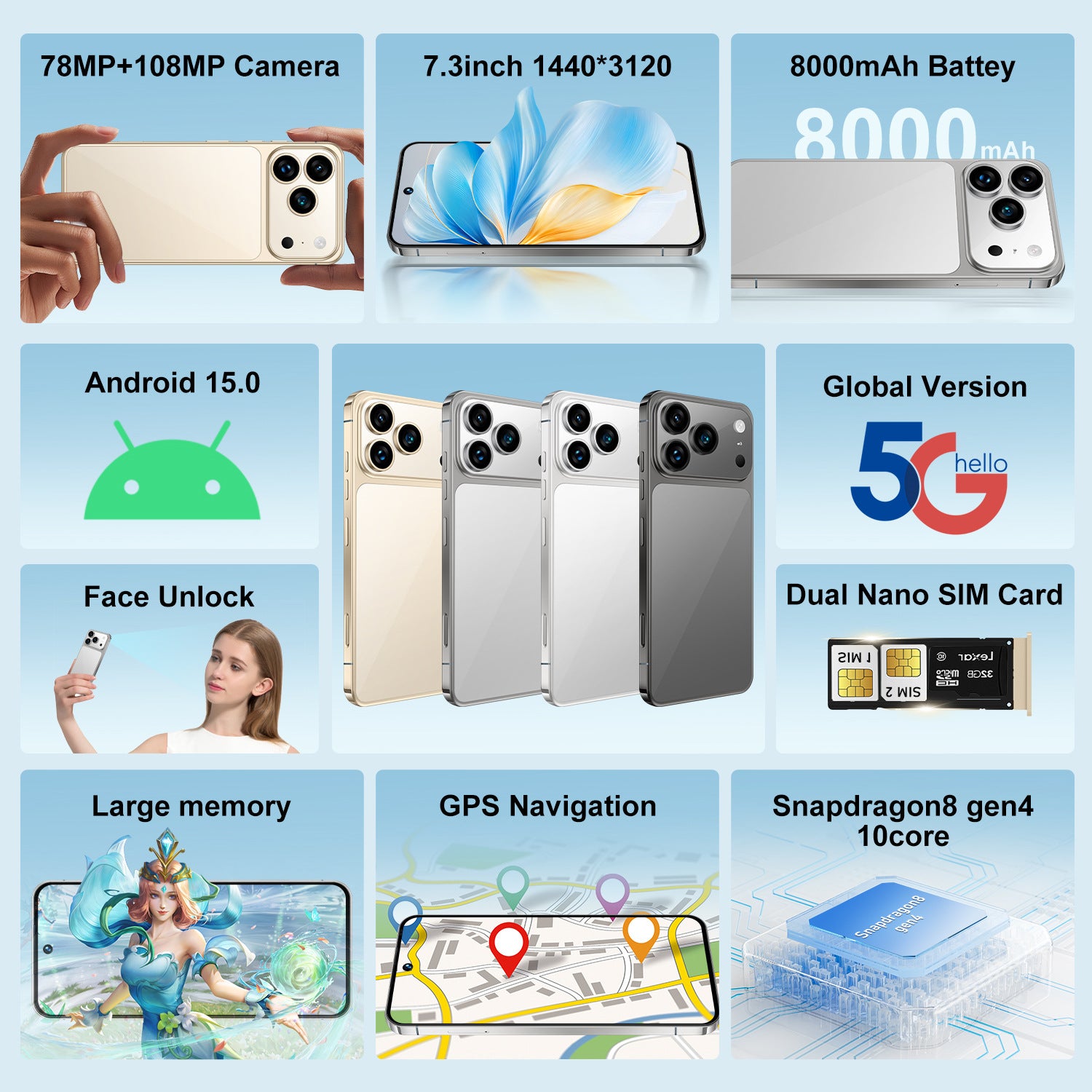 Smartphone A17 Pro Max Factory in stock7.3Inch16G+1T Android phone compatible