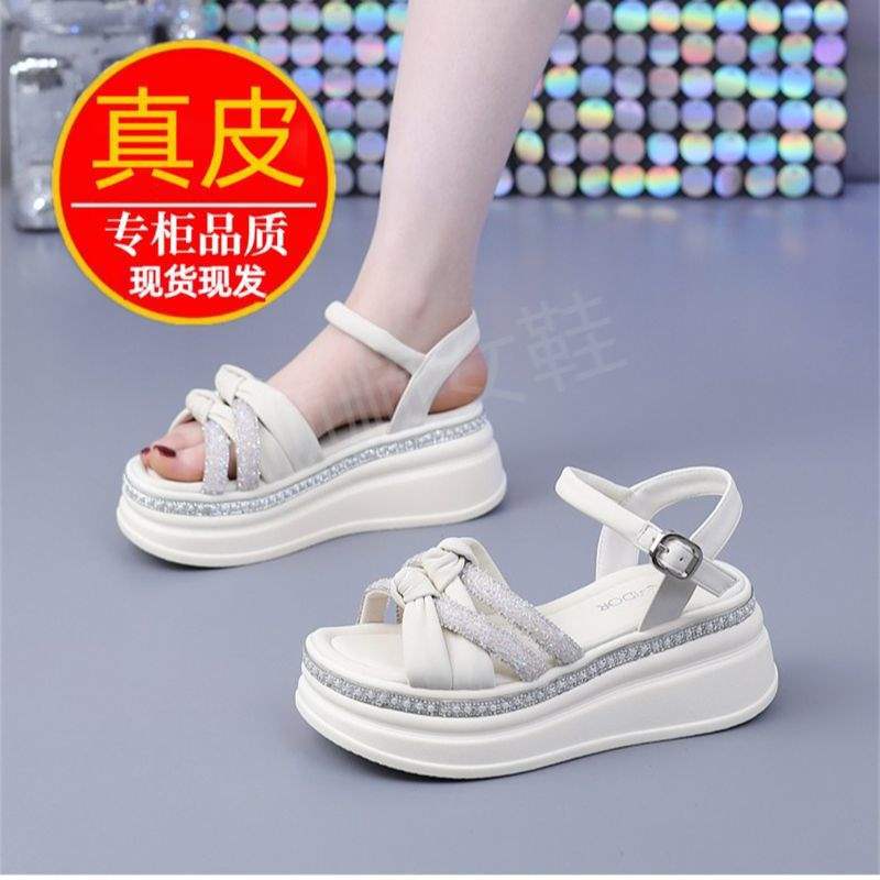 Export Internet Celebrity Women's Sandals2025New Summer Rhinestone Wedge Platform Thick Sole Roman Sandals Trendy