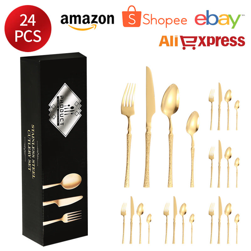 410Stainless Steel Cutlery Hotel Restaurant Hammered Knife Fork Spoon Set Western Small Waist Bark Pattern Steak Knife Fork