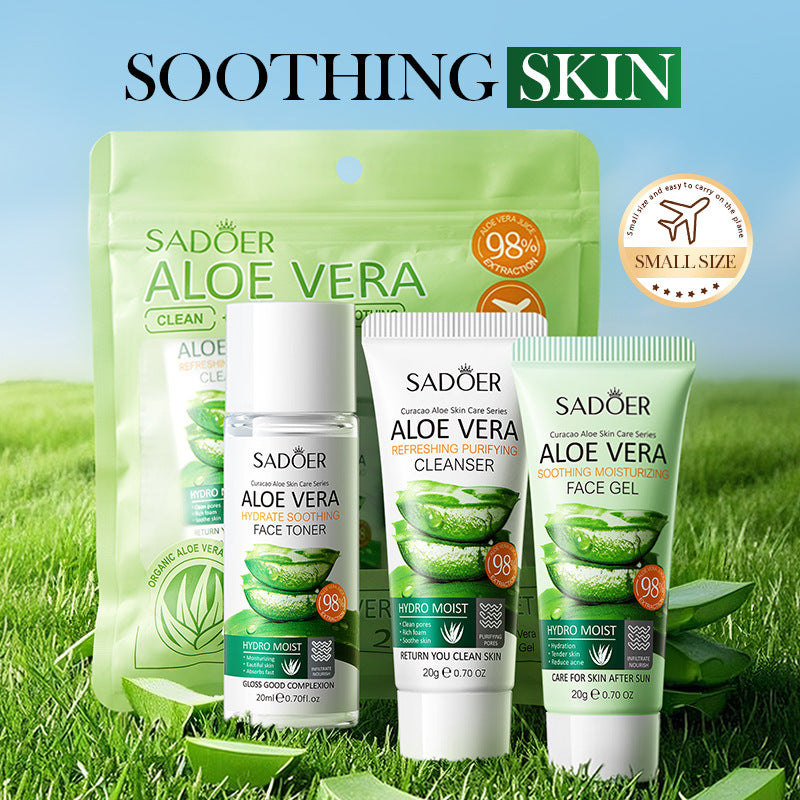 Full English Aloe Vera Travel Three-Piece Set SADOER Aloe Vera Gel Toner Facial Cleanser  Wholesale