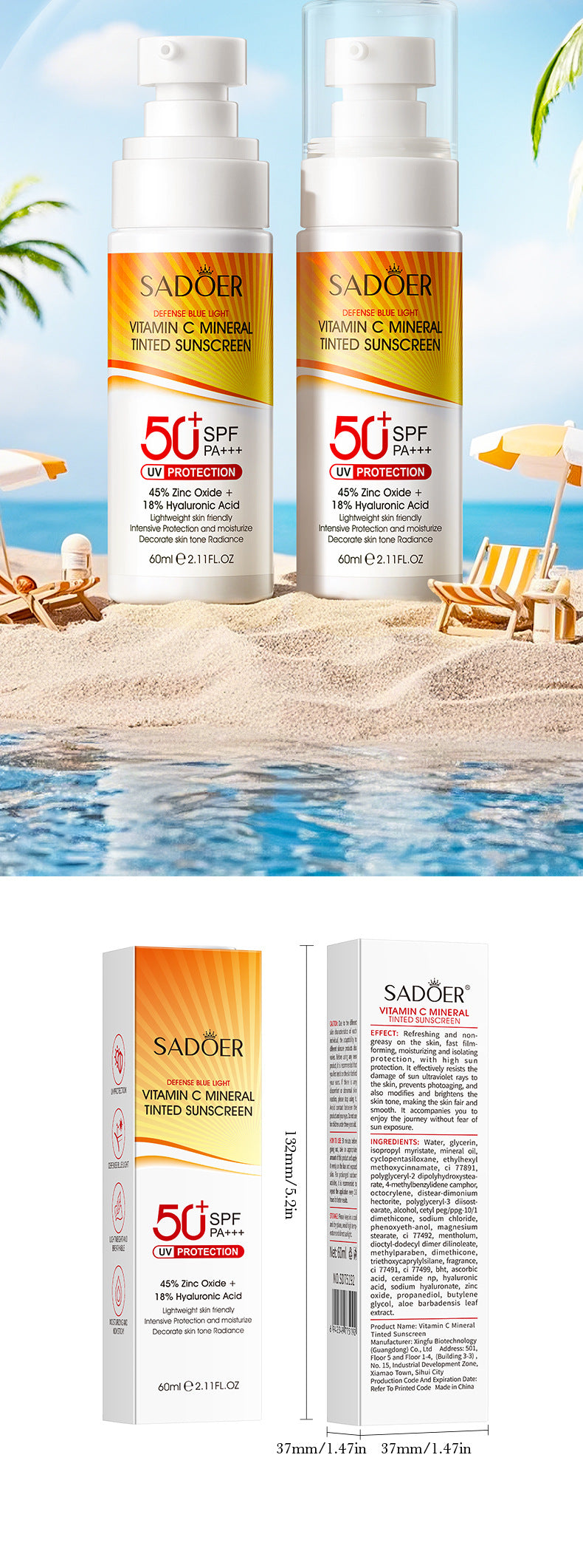 Vitamin C Mineral Tinted Sunscreen SADOER Isolation Sunscreen Lotion Cross-Border Wholesale