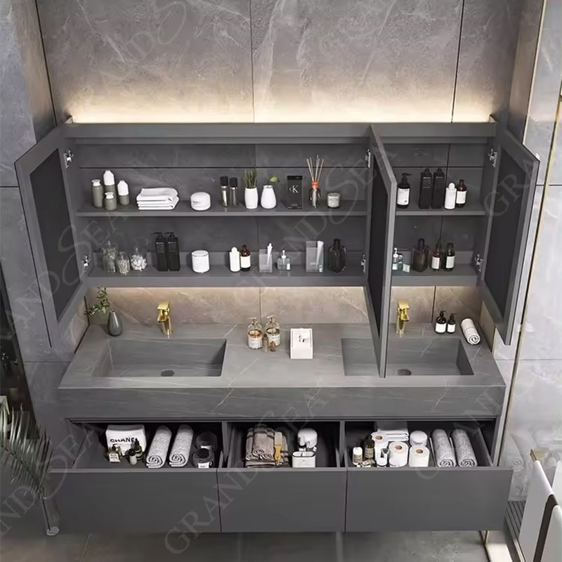 European Style Hot Selling Washroom Floating Slate Countertop Double Basin Bathroom Vanity
